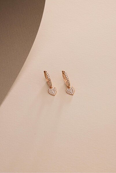 Nereze 925 Ayar Gümüş Rose Kaplama 10 mm Sallantılı Kalp Model Küpe