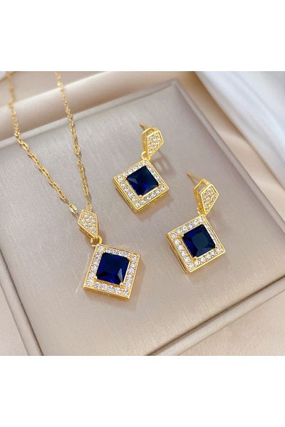 Choice Blue Exquisite Geometry Square Necklace Earrings Jewelry Set Charm Ladies Jewelry Fashion Bridal Acc