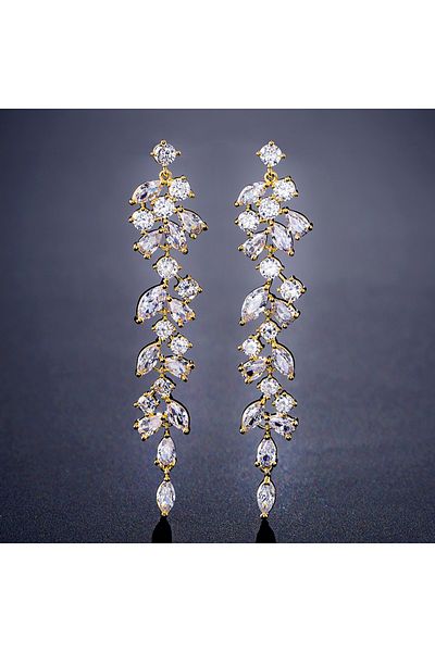 Choice Gold Color B ZAKOL AAA Cubic Zirconia Leaf Long Dangle Earrings for Women Elegant Bridal Wedding Eng