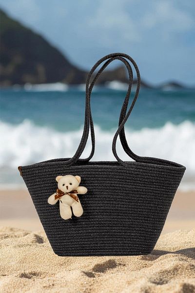 ALAS Straw Shoulder Bag Anthracite Beach Bag with Teddy Bear