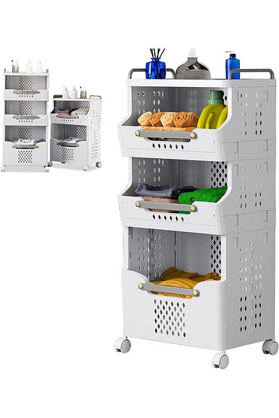 Türkiye Collapsible Laundry Baskets on Wheels Rolling Laundry Trolley Carts Plastic Washing Hamper with Hand
