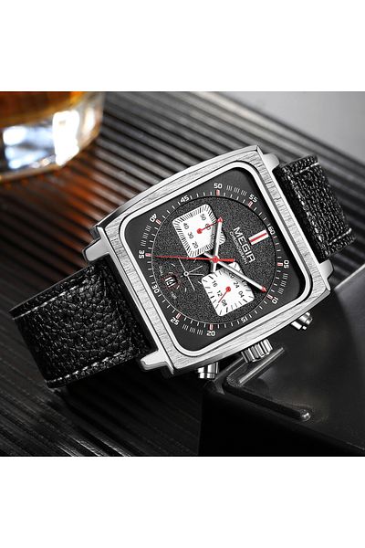 Choice black MEGIR Square Dial Chronograph Quartz Watches for Men Fashion Blue Leather Strap Casual Sport W