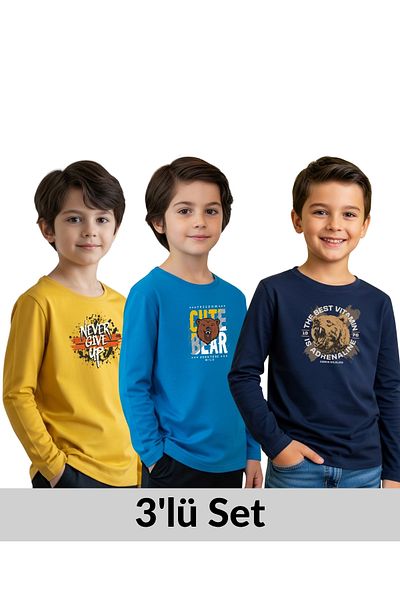 FYK COLLECTİON 3-Pack Zero Collar Printed Detail Boy's Sweatshirt