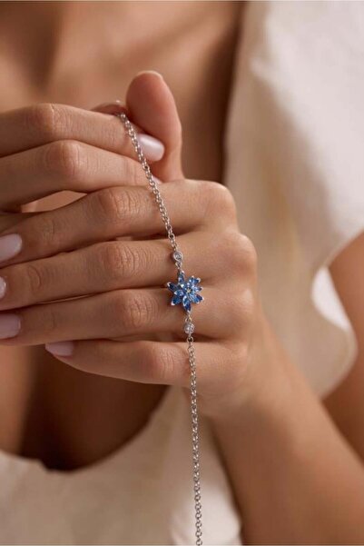 Nereze 925 Ayar Gümüş Rodyum Kaplama Doç Zincirli Aquamarin Taşlı Lotus Çiçeğ...