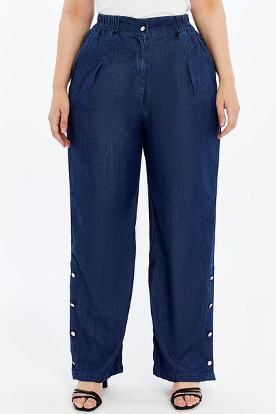 RMG Leg Button Detailed Elastic Waist Plus Size Tnsel Trousers Navy Blue