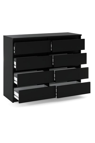 Meble Comodă TV mare neagră cu 8 sertare, 120 cm, pentru living sau dormitor