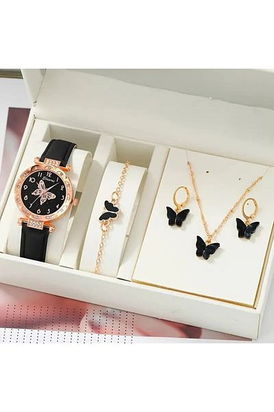 Choice Black Women Luxury Watch Ring Necklace Earrings Rhinestone Butterfly Fashion Wristwatch Female Casua