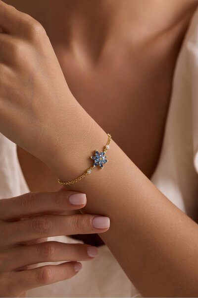 Nereze 925 Ayar Gümüş Gold Kaplama Doç Zincirli Aquamarin Taşlı Lotus Çiçeği ...