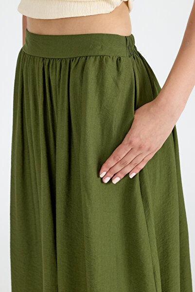 Rays Khaki Linen Look Midi Skirt with Pocket Detail 2344