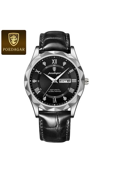 Choice 615 Silver Black L POEDAGAR Top Brand Luxury Man Watches Waterproof Luminous Date Week Sports Men's