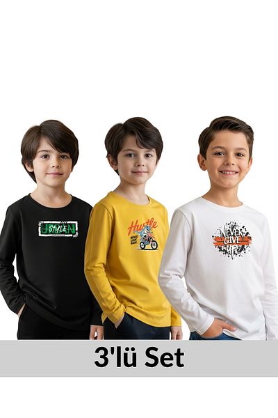 FYK COLLECTİON 3-Pack Zero Collar Printed Detail Boy's Sweatshirt