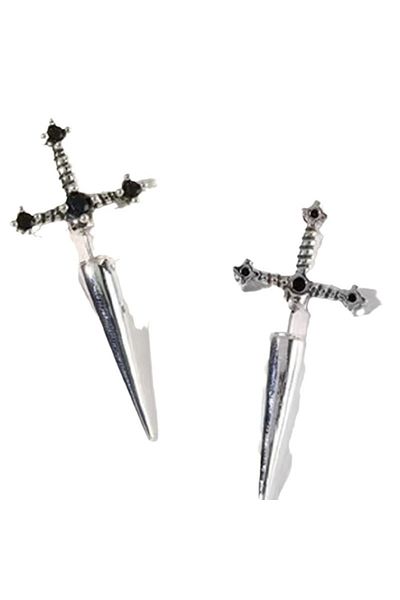 Choice S1-2pcs-silvery 2pcs Gothic Kinitial Sword Stud Earrings, Vintage Cool Punk Crystal Ear Jacket Goth
