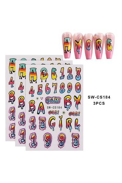 Choice SW-CS184-3pcs 3pcs Colorful Number Letter Wave Line Design Nail Art Stickers 3D self Adhesive Cartoo