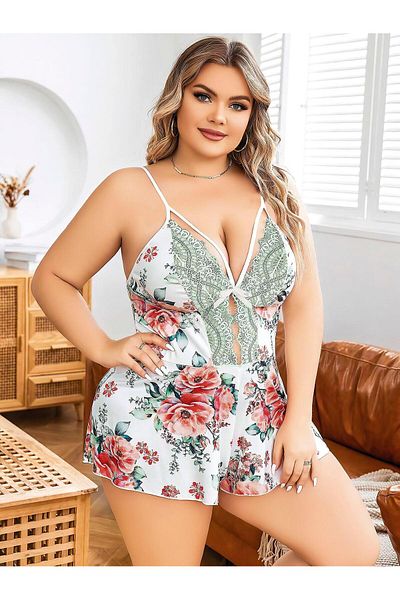 Motto10 butik Motto10Boutique Plus Size White Floral Print Lace Embroidered Thin Sling Shorts Homewear