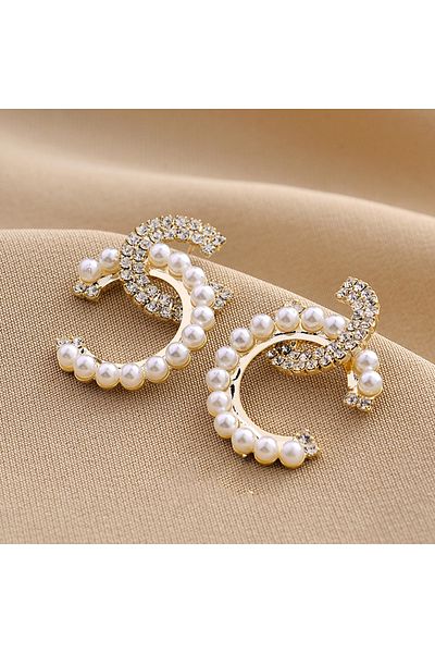 Choice gold Delicate Mirco Inlaid Pearl Rhinestone Letter C-shaped Earrings Women Temperament Trendy Jewelr