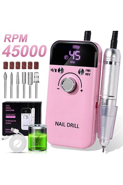 Choice3 USB Pink 45000RPM Professional Electric Nail Drill Rechargeable Polisher with LCD Screen Suitable fo