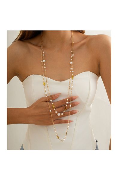 Choice X00K1JS05477 Ingemark 2Pcs/Set Temperament Imitation Pearl Long Chain Necklace for Women Fashion Sta