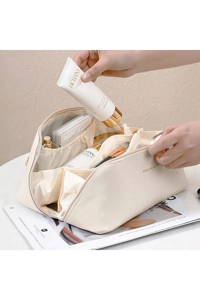 Choice beige Large Capacity Travel Cosmetic Bag Portable Leather Cosmetic Bag Women Bathroom Wash Bag Multi