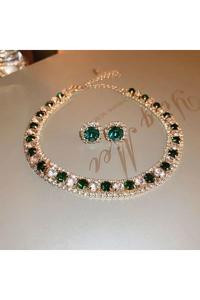 Choice Dark green Luxury Crystal Necklace Earrings Set Pink ABcolourful Necklace for Women Weddings Party J