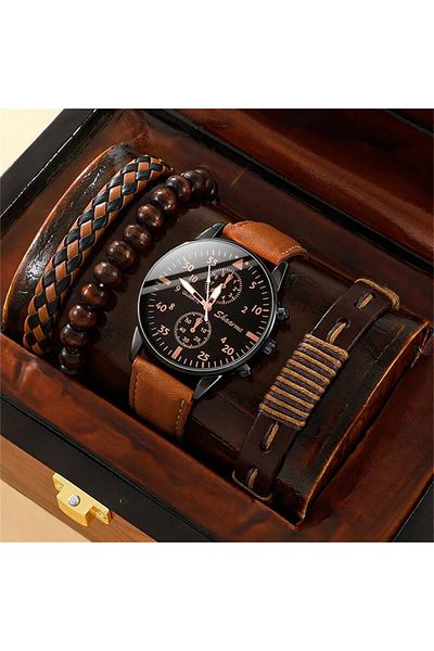 Choice BROWN 5PCS Set Fashion Mens Sports Watches Man Business Quartz Wristwatch Luxury Leather Bracelet Me