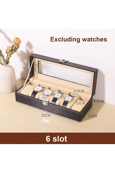 Choice 6 slot PU Leather Watch Box Display Case Organizer with Framed Glass Lid Elegant Contrast and Remova