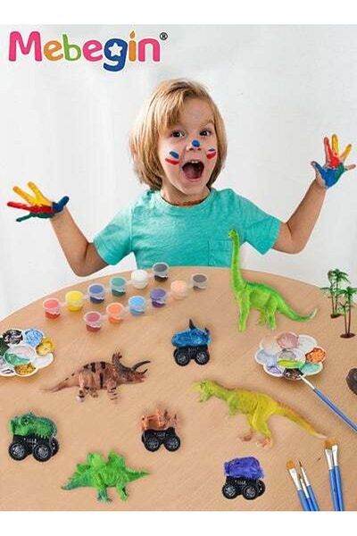 MEBEGIN 3D Dinosaur DIY Craft Kit with 4 Dinosaur Figurines 4 Cars and 1 Mat Educational Dinosaur Model Toys