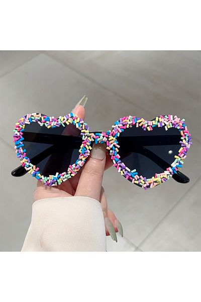 Choice as picture shows black KAMMPT Heart Shape Sunglasses with Colorful Jimmies Women Stylish Cute Beach