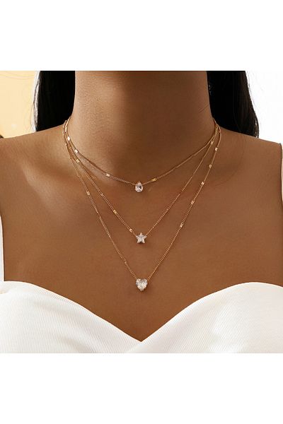Choice X0872 1Pc Multi-layered Dainty Light Luxury Water Drop Love Heart Star Set Chain Pendant Metal Colla