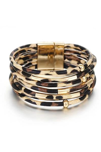 Choice ASL70473 Vintage Metal Tube Leopard Leather Bracelet For Women Men Boho Multilayer Wrap Wide Bracele