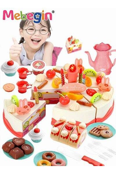 MEBEGIN DIY Birthday Cake Toy with Lights and Music, Pretend Cutting Cake Playset with 6 Slices