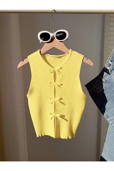 trendgar Yellow Women's Ribbon Detailed Knitwear Vest