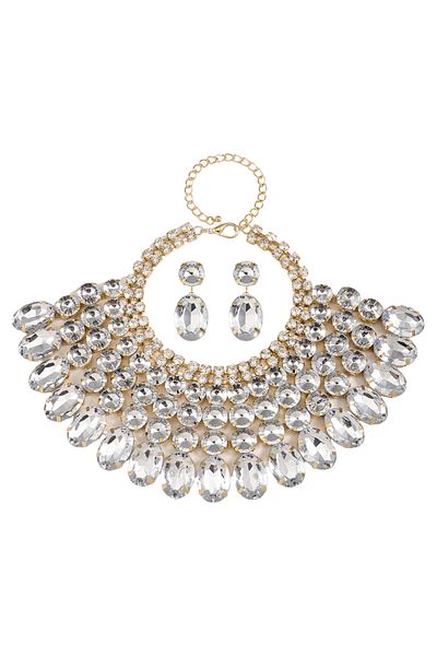 Choice White Best Lady 3 Pc Luxurious Exaggerated Style Full of Rhinestone Necklace Earrings Set For Birthd