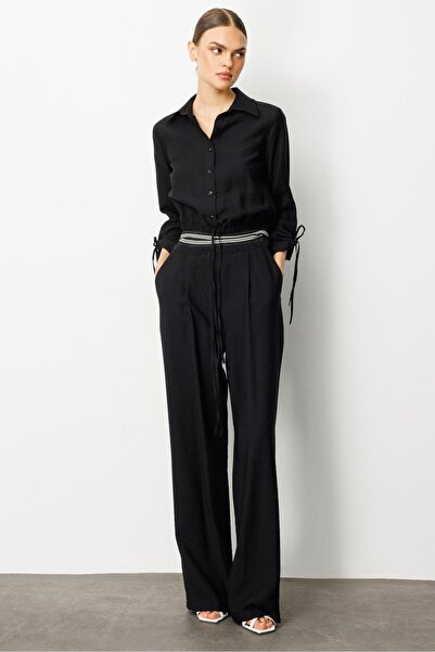 Moda İlgi Modailgi Beli Lastik ve Ribana Detaylı Bol Paça Pileli Yandan Cepli Yüksek Bel Pantolon - 10037 Siy