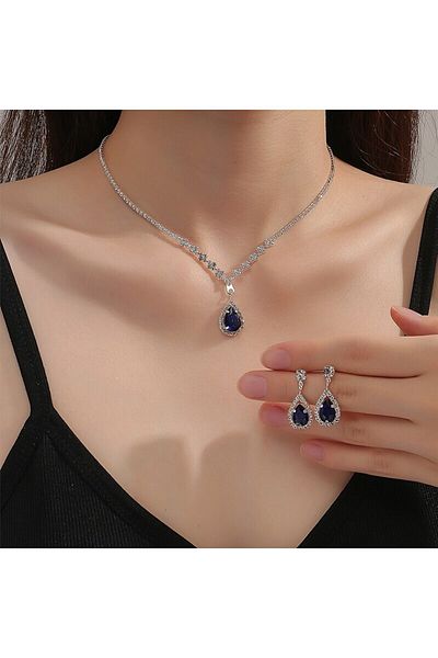 Choice Silver color 2 Pcs Set Blue Crystal Stone Denpent Necklace Bracelet With Dazzling Cubic Zircon Roman