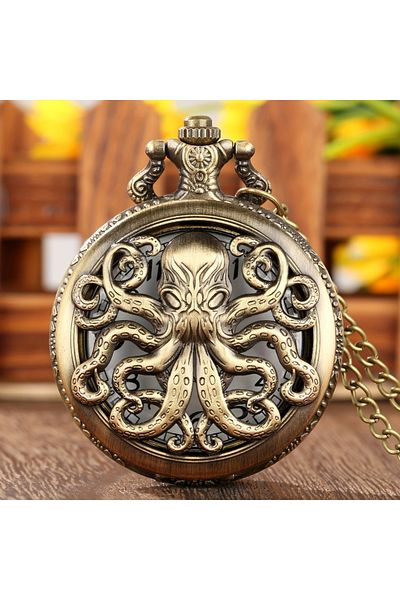 Choice Bronze Unique Retro Bronze Octopus Pattern Design Quartz Pocket Watch With Necklace Chain Gift for M