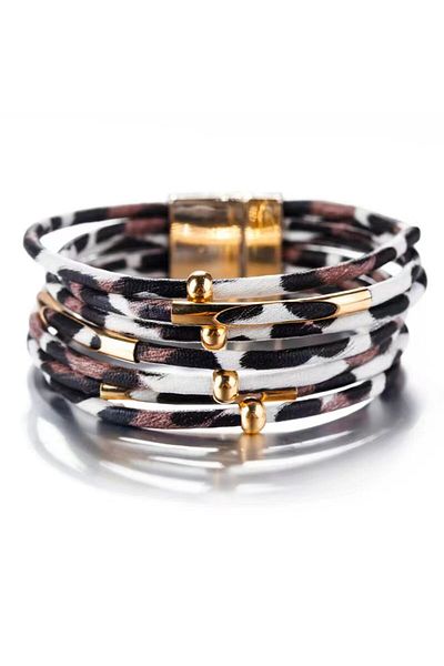 Choice ASL70473-2 Vintage Metal Tube Leopard Leather Bracelet For Women Men Boho Multilayer Wrap Wide Brace