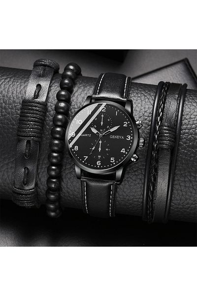 Choice Black C New Men's Watch Luxury Bracelet Multi Piece Set Fashion Business Black Leather Quartz Watch