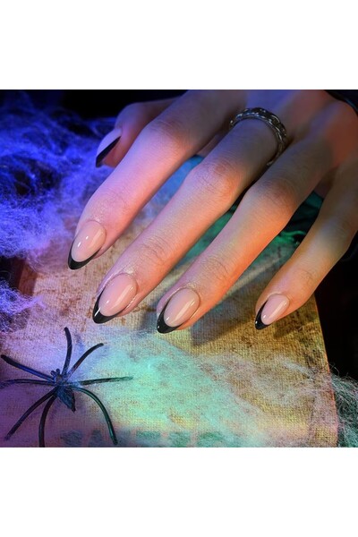 Choice أزرق سماوي 24 قطعة أظافر صناعية قصيرة بلون اللوز مع عقدة سوداء وأظافر ...