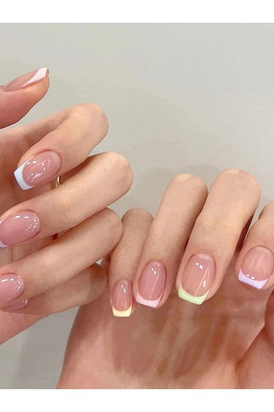 Choice multicolour Square Press On Nails Short Fake Nails French Tip Colorful Glue On Nails With Designs 24