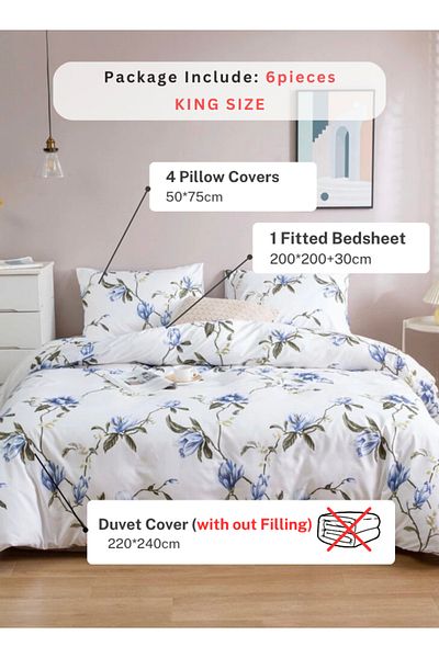 LUNA HOME King Size 6 Piece Duvet Cover Set White with Blue Flowers Bedding Set without Filler 220X240cm.