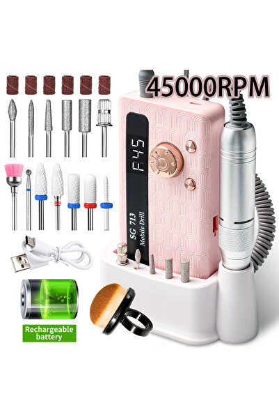 Choice7 مجموعة 45000 دورة في الدقيقة - وردية اللون، ماكينة حفر أظافر كهربائية محمولة احترافية قابلة لإعادة الشحن بسرعة 35000/45000 دورة في الدقيقة