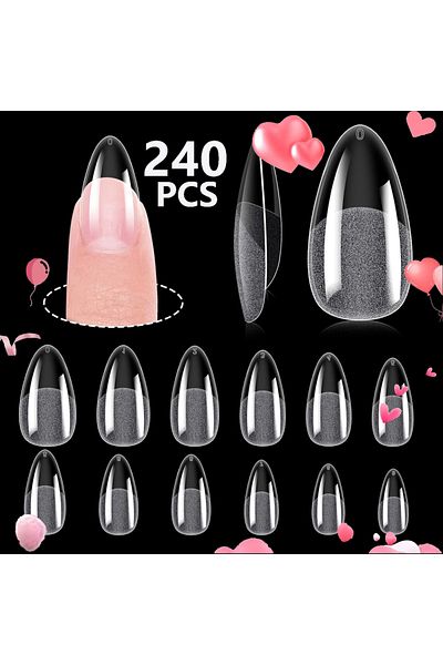 Choice GRAY 240PCS Short Almond Nail Tips Soft Gel Pre-Shaped Acrylic Nail Tips Half Matte Full Cover Nail