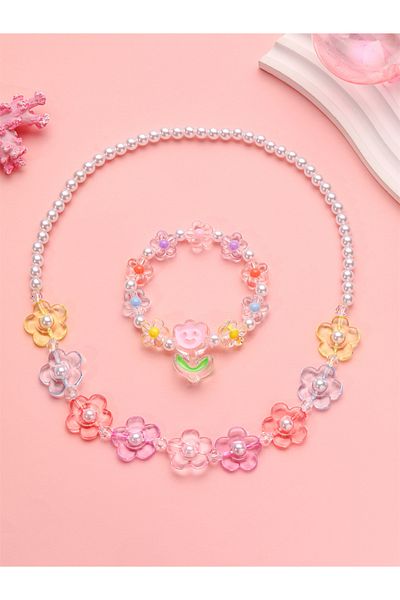 Choice 2pcs 2Pcs Pink Flower Smile Princess Necklace Bracelet Set for Girls Daughter Imitation Pearl Pendan