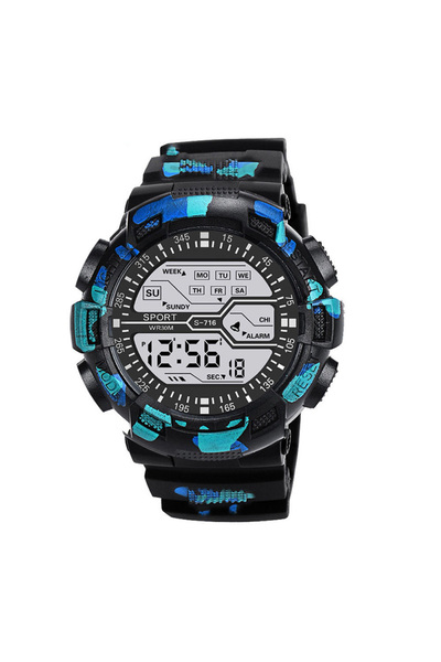 Choice ساعة رياضية رقمية إلكترونية زرقاء مموهة مقاس 55 مم، ساعة رياضية متعددة...