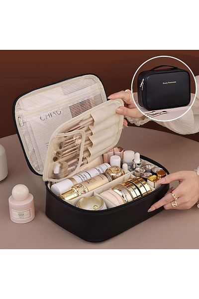 Choice black New PU leather makeup bag with large capacity, portable, and high-end outdoor feel, layered an