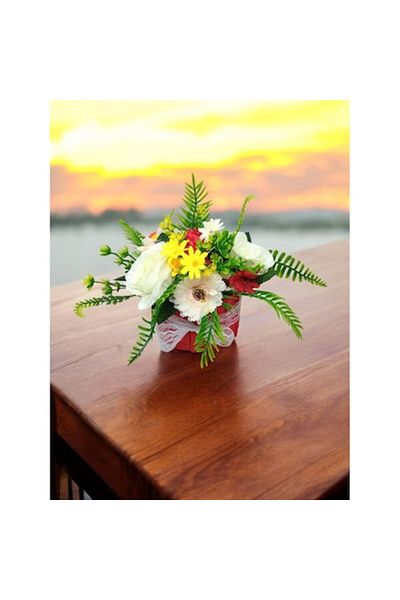 OEM Artificial Flower Arrangement in Wooden Box 21cm x 12cm x 25cm