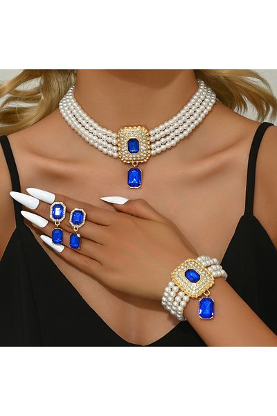 Choice 80854308-Blue Women's Fashion Light Luxury Short Style Imitation Pearl Rhinestone Necklace Earrings