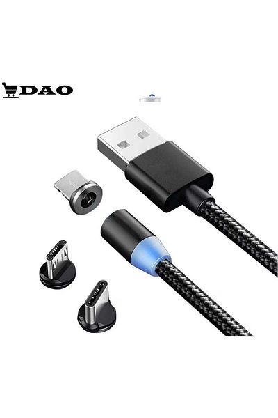 DAO Cablu de incarcare DAO® 3in1 Magnetic cu LED USB-C, MicroUSB si Lightning iPhone, Negru