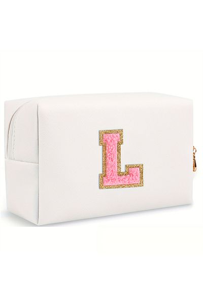 Choice 1PC white L Initial letter patch makeup bag, Preppy portable zipper bag, PU leather waterproof trave