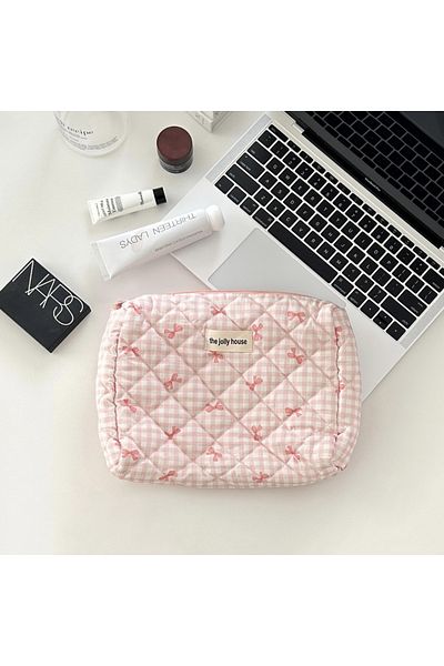 Choice pink Cute Bow Cotton Makeup Bag Women Zipper Cosmetic Organizer Female Cloth Box Shape Portable Toil